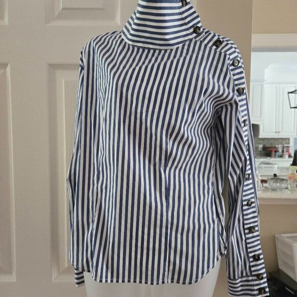 Veronica Beard Fauri Striped Off-The-Shoulder Long Sleeve Shirt Size 4 - Picture 4 of 16